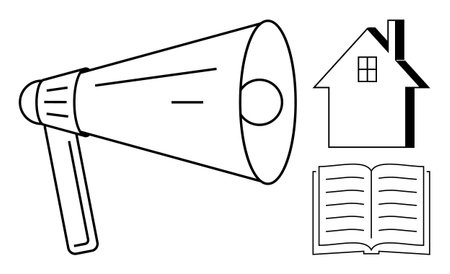Megaphone, open book, and house symbolize communication, education, awareness, and community engagement. Ideal for concepts thumbs up public speaking, outreach, learning and social connection inのイラスト素材