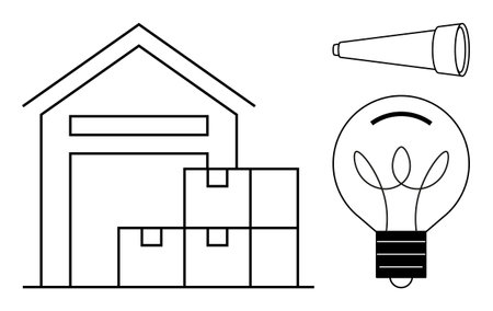 Warehouse with boxes symbolizes storage or logistics, lightbulb highlights innovation, and telescope reflects vision. Ideal for concepts thumbs up business strategy, supply chain, creativityのイラスト素材