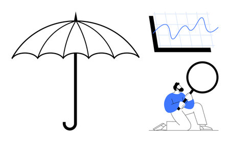 Open umbrella, rising line graph, person with magnifying glass examining details. Ideal for risk management, safety, security, problem-solving, data analysis business growth quality control. Simpleのイラスト素材
