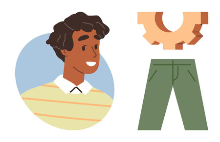 Person smiling in striped top with gear element and green pants symbolizing creativity, innovation, and teamwork. Ideal for business, technology, education, inspiration, personal growth, leadershipのイラスト素材