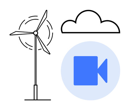 Wind turbine spinning, cloud outline, and blue video play icon. Ideal for sustainability, technology, innovation, digital transformation, renewable energy, cloud computing and content sharingのイラスト素材