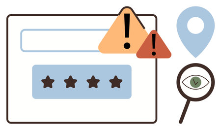 Warning alerts over a rating interface, magnifying glass inspecting a verified icon, and a geolocation pin. Ideal for cybersecurity, online safety, user reviews, geolocation, rating systemのイラスト素材