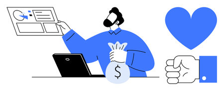 Man analyzing data on a screen, holding a money bag, laptop on desk, hand gesture, and heart symbol. Ideal for finance, analytics, business, profit decision-making charity simple landing pageのイラスト素材