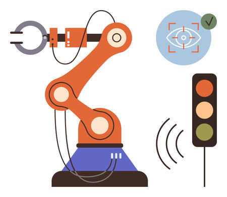 Robotic arm grasping object, vision inspection system, traffic light, and wireless signal waves. Ideal for technology, automation, robotics, AI, precision work industrial processes simple flatのイラスト素材
