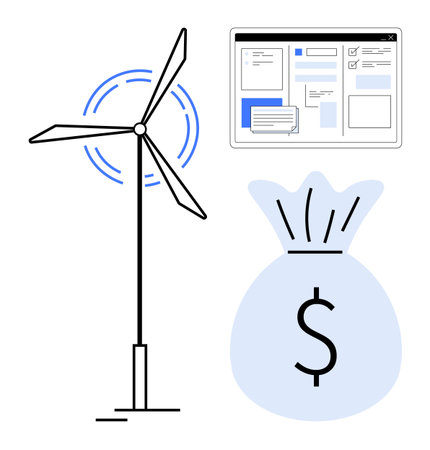 Wind turbine generating energy, interface representing data, and money bag highlighting profit. Ideal for sustainability, green energy, finance, technology, investment, eco-business renewableのイラスト素材