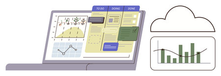 Laptop displaying task boards, bar and line charts, and data analytics alongside a cloud suggesting storage or synchronization. Ideal for workflow, organization, productivity, data analysisのイラスト素材