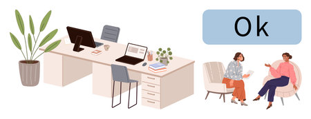 Office desks with laptops, chairs, potted plant, and two colleagues sitting and conversing. Ideal for teamwork, collaboration, communication, coworking, workplace culture productivity simple flatのイラスト素材