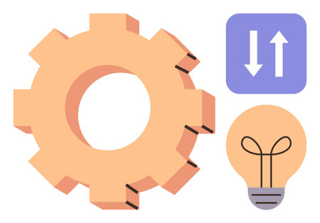 Gear symbolizing process, lightbulb for innovation, and arrows for direction. Ideal for technology, productivity, brainstorming, strategy, teamwork, growth innovation in a simple flat metaphorのイラスト素材