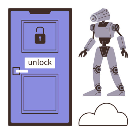 Robot near a door with lock and unlock signage, symbolizing security, automation, AI, access technology. Ideal for cybersecurity, innovation, digital transformation, robotics IoT privacy simpleのイラスト素材