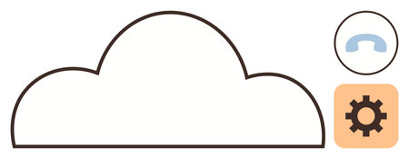 Large cloud outline with blue telephone handset and cogwheel icons. Ideal for technology, communication, internet services, cloud computing, connection, innovation, and enterprise workflow simpleのイラスト素材