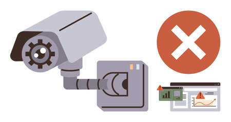 CCTV camera pointing beside red error icon and alert signals on digital screens. Ideal for cybersecurity, data monitoring, privacy issues, hacking, safety risks, system errors, simple flat metaphorのイラスト素材