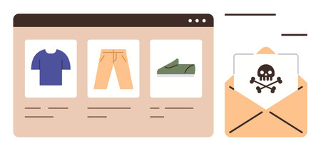 Webpage showcasing clothing items alongside an email with a dangerous skull and crossbones icon. Ideal for cybersecurity, phishing awareness, online fraud, shopping scams, digital safety, userのイラスト素材