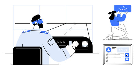 Pilot adjusting plane controls in innovative cockpit setup, developer coding interface on large monitor, digital dashboard visible. Ideal for aviation, tech, teamwork, innovation, coding, trainingのイラスト素材