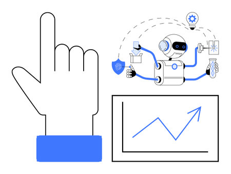 Hand gesture, robot performing tasks, chart with arrow, and icons symbolizing innovation, growth, and AI. Ideal for automation, technology data productivity innovation AI and efficiency. Aのイラスト素材