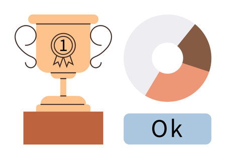 Golden trophy with ribbon and 1 badge, segmented circular chart, and Ok button for achievement, ranking, feedback, and progress tracking. Ideal for awards, competition, evaluation businessのイラスト素材
