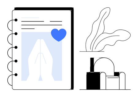 Open notebook with praying hands and heart icon, armchair, and potted plant. Ideal for mindfulness, faith, spirituality, journaling, meditation wellness and self-care. Simple flat metaphorのイラスト素材