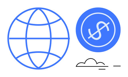 Globe representing world connectivity, dollar sign denoting financial transactions, and clouds for digital innovation. Ideal for globalization, economy, finance, technology, trade, communicationのイラスト素材