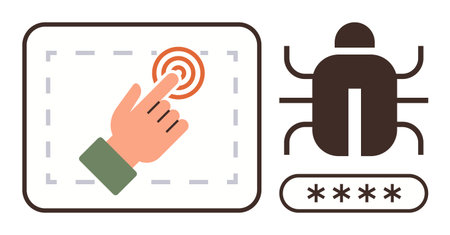 Hand tapping touchscreen button, bug icon, and password hints digital security issues. Ideal for cybersecurity, data protection, hacking, system vulnerability, malware, password security simple flatのイラスト素材