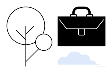 Minimalist tree beside sleek briefcase and cloud evokes harmony between professional life and environment. Ideal for business, sustainability, ecology, work-life balance, environmental initiativesのイラスト素材