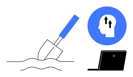 Digital progress concept. Digital progress ed with a shovel digging, human development symbol, and technology integration. Digital progress in innovation, growth, and future transformation. Idealのイラスト素材