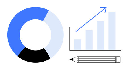 Pie chart, bar graph with upward trend, and pencil emphasize progress, strategy, and efficiency....