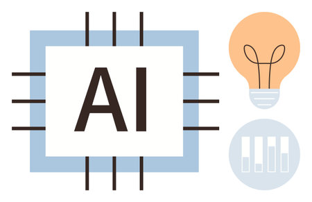 AI processor surrounded by circuit lines, light bulb representing innovation, and bar chart for data analysis. Ideal for technology, innovation, data, research, analytics learning and progress. Aのイラスト素材