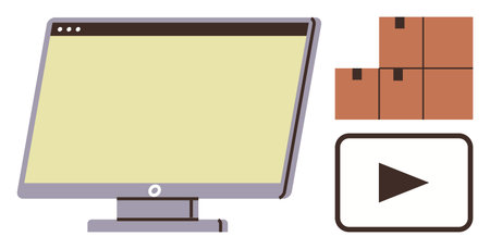 Digital screen alongside stacked shipping boxes and play button. Ideal for e-commerce, logistics, online business, product delivery, media streaming, video marketing, and digital services. Flatのイラスト素材