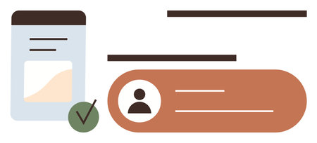 User profile card with avatar and text fields, next to a document or ID layout with a green checkmark. Ideal for identity, account management, authentication, digital forms, verificationのイラスト素材
