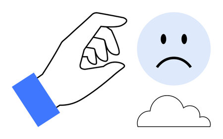Mental health concept. Illustration of a hand reaching for a sad face with a cloud symbol. s emotional challenges, mental health awareness, stress, and personal restoration. Useful for mental healthのイラスト素材