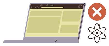 Laptop displaying blank webpage layout with browser tabs, warning cross icon, and atomic energy symbol. Ideal for web errors, cybersecurity, technology issues, warnings, online science, UI conceptsのイラスト素材