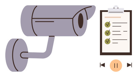 Video surveillance camera with wall mount, checklist with marked items, and playback controls. Ideal for security, surveillance, monitoring, compliance, control protection accountability. Simpleのイラスト素材