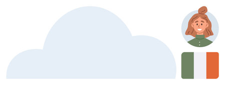 Female avatar portrait next to large cloud and Irish flag. Ideal for identity, connectivity, online profiles, cloud storage, nationality, personalization, or social networking themes. Simple flatのイラスト素材