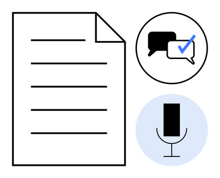 Document with lines, microphone, chat bubbles, and checkmark highlight ideas of communication, transcription, approval, content creation, audio technology productivity and digital tools. Idealのイラスト素材