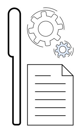 Pen next to document and two interlocking gears in motion. Ideal for concepts thumbs up productivity, planning, strategy, brainstorming, workflow, creativity, and innovation in a simple flat metaphorのイラスト素材