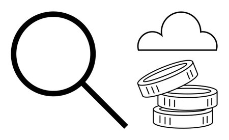 Magnifying glass inspecting data, cloud storage symbol, and stacked coins portraying financial analysis. Ideal for research, finance, cloud computing, data storage, investment, economics simple flatのイラスト素材