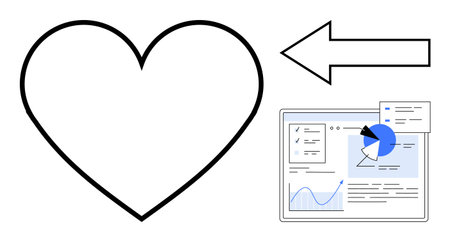 Heart shape, arrow directing toward analytics board with charts, graphs, and reports. Ideal for health data, user feedback, audience insights, data visualization, love connection and simple landingのイラスト素材