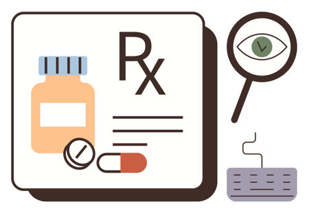 Prescription bottle, capsules, and tablet represent medication, magnifying glass with checkmark suggests verification. Ideal for medical care, pharmacy, drug safety, research, healthcare policyのイラスト素材