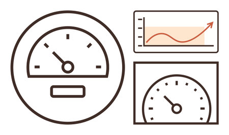 Speedometer gauges and upward-trending graph represent performance tracking, progress, growth, data analysis, efficiency, productivity, and success measurement. Ideal for business, analyticsのイラスト素材