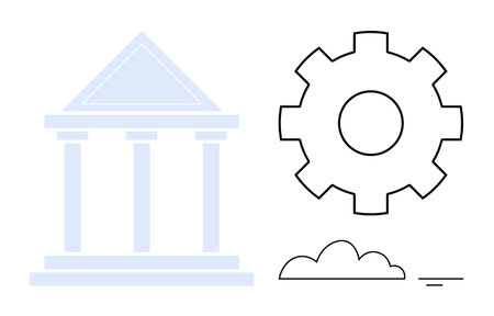 Governance and technology. Governance ed by a classical bank pillar. Technology by a gear and cloud. Perfect for fintech, digital transformation, innovation, cloud computingのイラスト素材