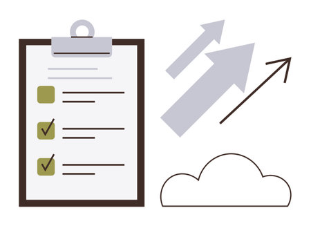 Clipboard with checklist items, upward arrows, and cloud. Ideal for productivity, growth, goal setting, organization, innovation strategy and success concepts. Simple flat metaphorのイラスト素材