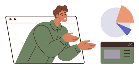 Man gesturing confidently, emerging from browser window with pie chart and UI element. Ideal for teamwork, presentation, training, data analysis, marketing, education, simple flat metaphorのイラスト素材