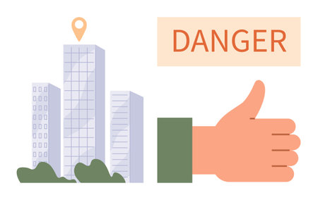 Skyscrapers, location marker, danger sign, and hand suggesting urban safety awareness. Ideal for city planning, warnings, risk, safety real estate evaluation security. Simple flat metaphorのイラスト素材