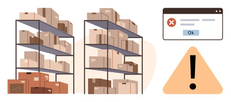 Stacked shelves with boxes, warning sign, error popup. Ideal for logistics, supply chain, inventory, shipping, e-commerce error handling risk management. Simple flat metaphorのイラスト素材