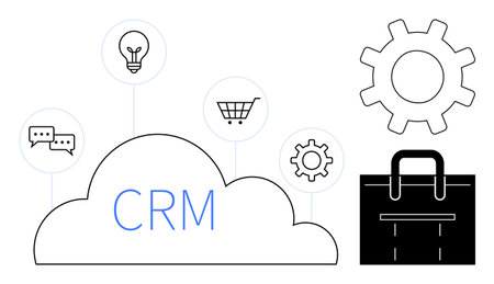 CRM in a cloud surrounded by shopping cart, lightbulb, chat, settings gear, and briefcase. Ideal for business, teamwork, organization technology customer service innovation operations. Simpleのイラスト素材