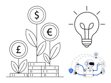 Growing plants with currency symbols on coins, large light bulb symbolizing innovation, robot interacting with data and processes. Ideal for technology, finance, AI, innovation, growth, automationのイラスト素材