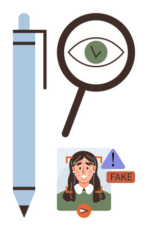 Pen, magnifying glass with eye, face scan with fake tag and warning icon represent identity verification, fraud prevention, AI analysis, document inspection. Ideal for digital securityのイラスト素材