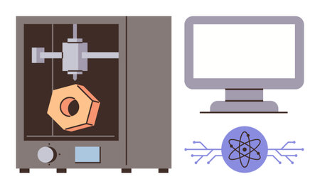 3D printer fabricating part, monitor displaying interface, and atom icon symbolizing science. Ideal for innovation, technology, engineering, prototyping, manufacturing, education future conceptのイラスト素材