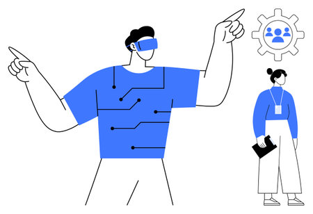 Man using AR technology with circuit design on shirt points upward, standing near woman holding notebook. Ideal for technology, teamwork, innovation, AI, virtual reality, communication, leadershipのイラスト素材
