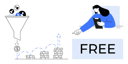 Funnel filtering leads into coins, stacked coin growth, advisor holding tablet, and FREE text. Ideal for marketing, sales strategy, income growth, customer acquisition, e-commerce financial tipsのイラスト素材