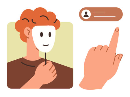 A person holds a smiling mask, symbolizing hidden identity, while a hand points at a user profile card. Ideal for identity, anonymity, privacy, user profiles, deception, social media personalのイラスト素材
